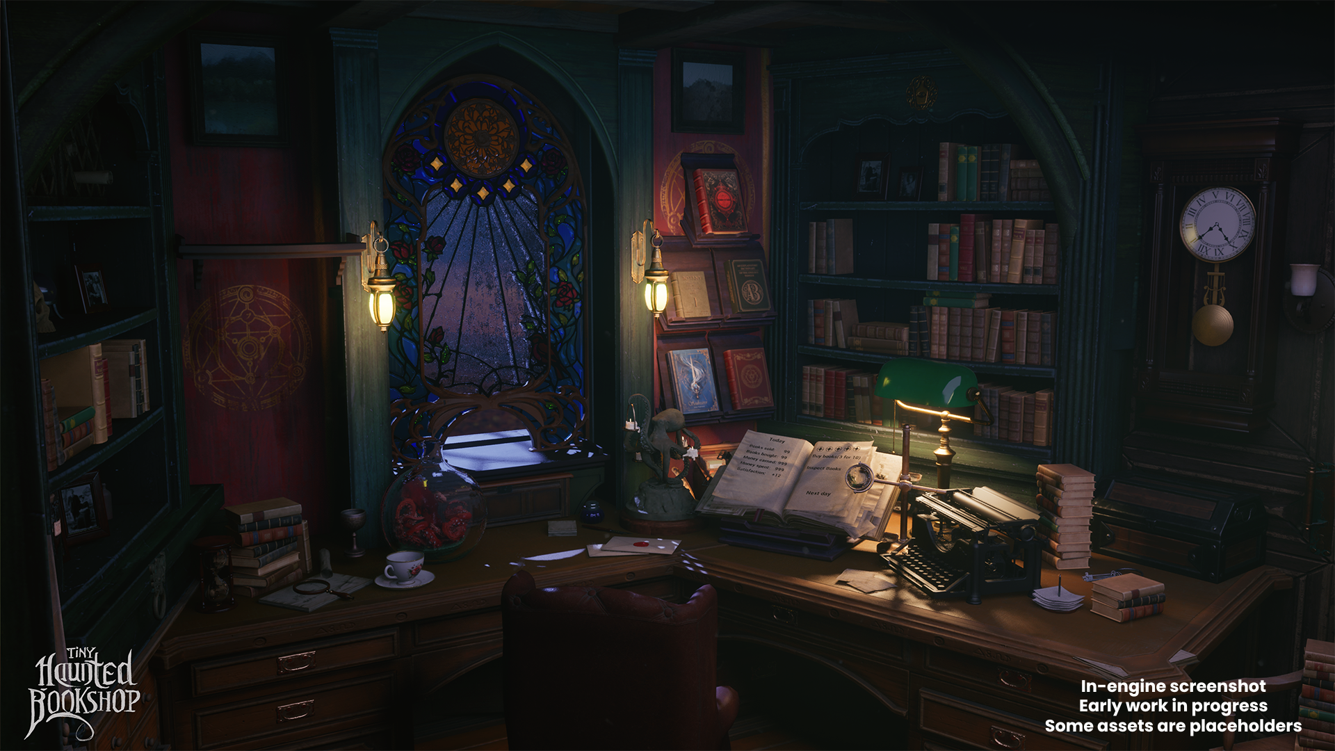 Nighttime bookshop atmosphere