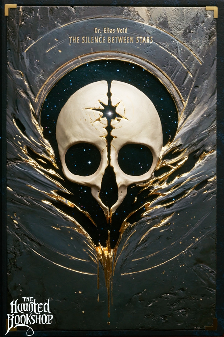 The Silence Between Stars - book cover featuring a cracked skull with golden veins against a starfield