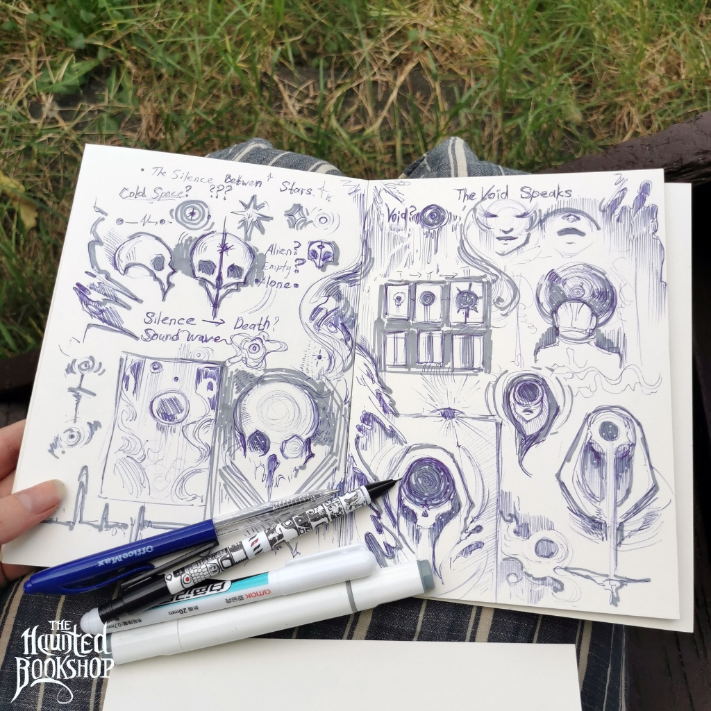 Nat's sketchbook - detailed explorations of skull motifs and cosmic imagery
